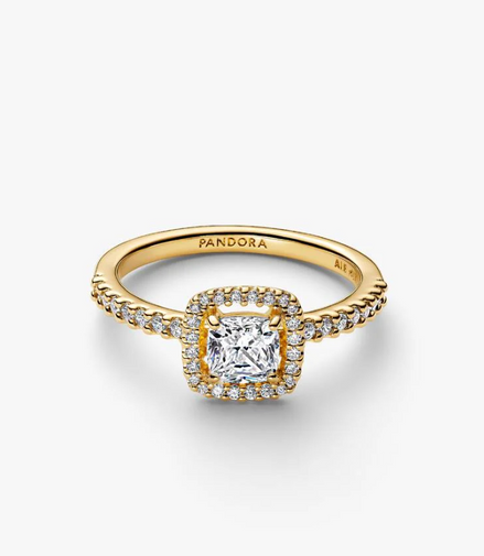 Pandora Timeless 14K Gold-Plated Sparkling Square Clear Halo Ring Size 6