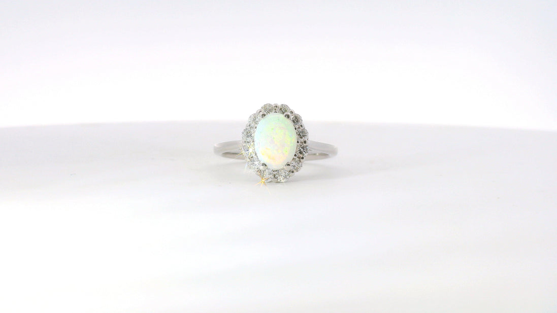 14K White Gold Oval Cut Opal And Diamond Fashion Ring