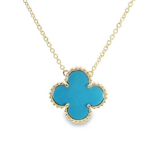 14K Yellow Gold And Turquoise Flower Shaped Beaded Design Pendant