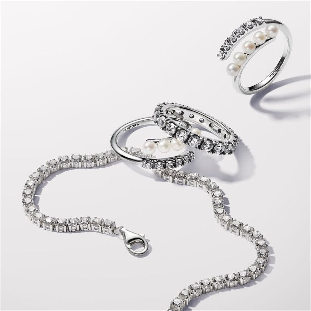 Pandora Timeless Treated Freshwater Cultured Pearls & Pavé Open Ring Size 7