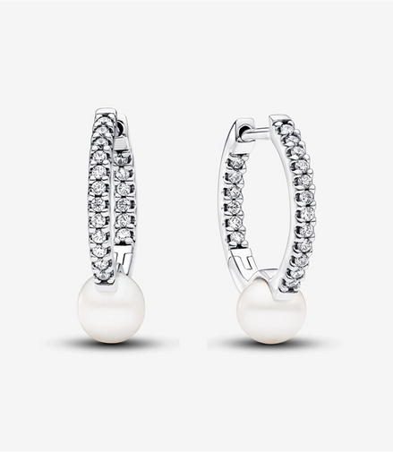 Pandora Essence Treated Freshwater Cultured Pearl & Pavé Hoop Earrings