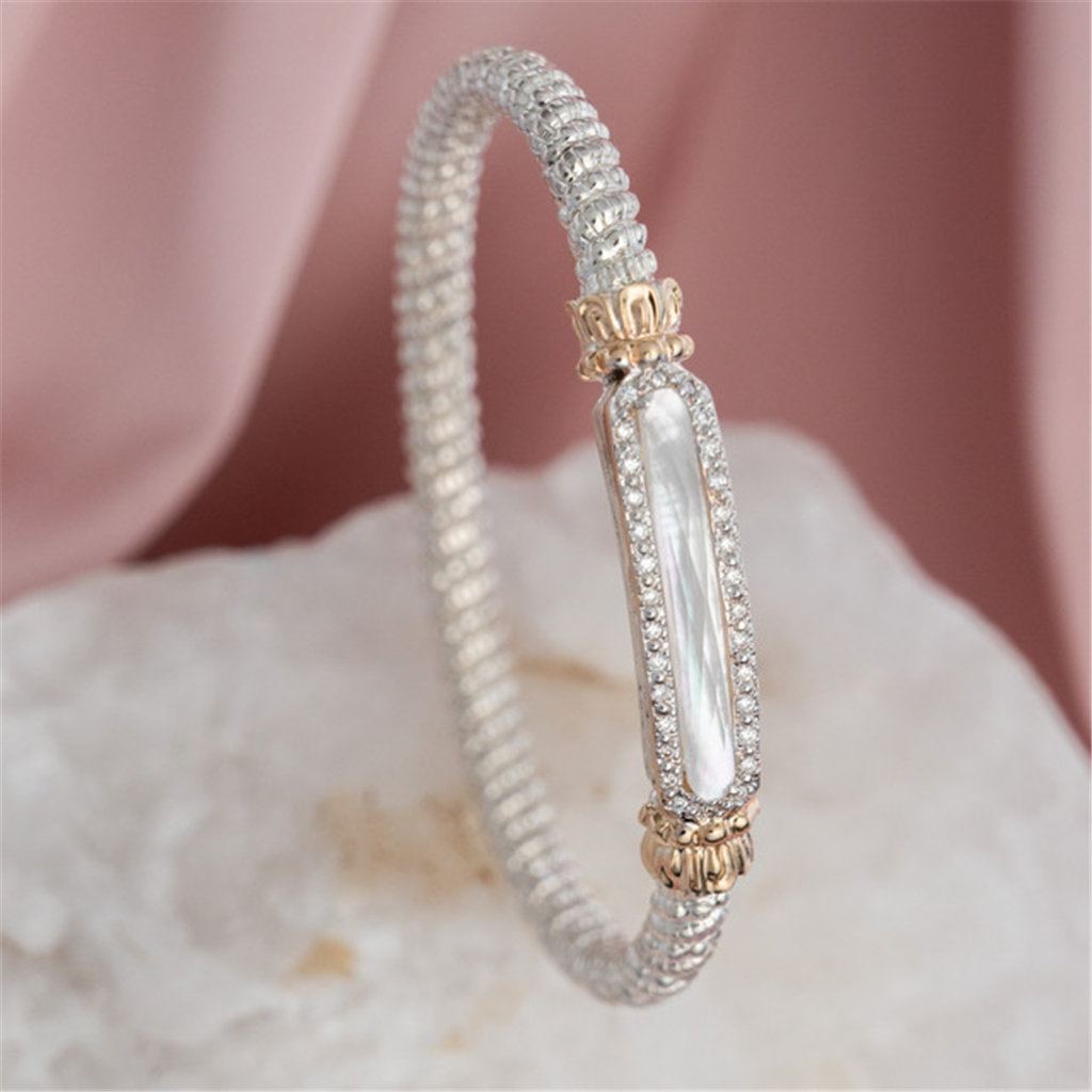 Vahan 14K Gold And Sterling Silver Mother of Pearl And Diamond 4mm Closed Bracelet