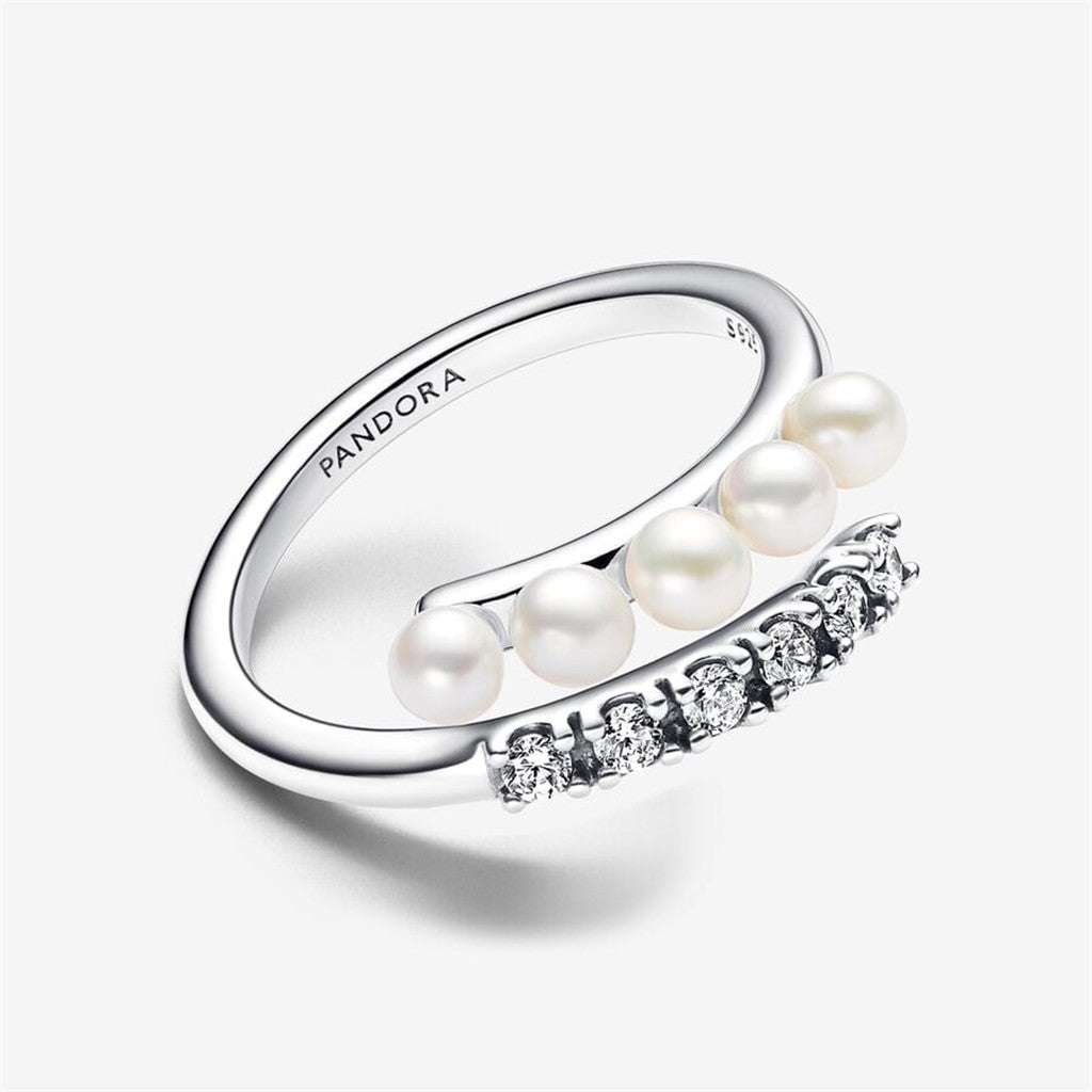 Pandora Timeless Treated Freshwater Cultured Pearls & Pavé Open Ring Size 7