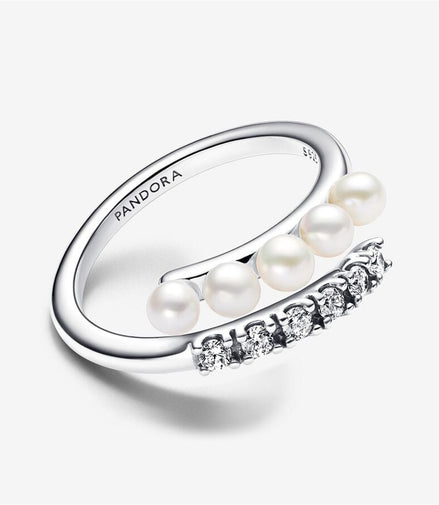Pandora Timeless Treated Freshwater Cultured Pearls & Pavé Open Ring Size 7