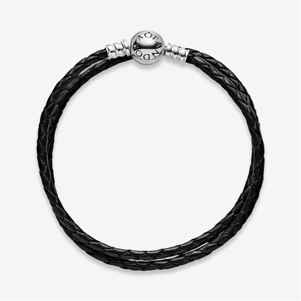 Pandora Moments Black Braided Double-Leather Charm Bracelet Size D3