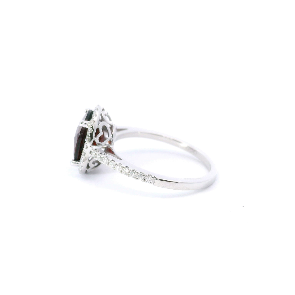 14K White Gold, Diamond And Garnet Oval Shaped Fashion Ring