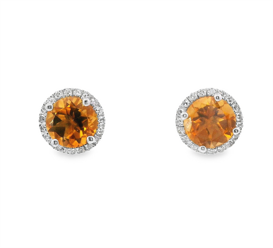 14K White Gold Diamond And Citrine Gemstone Earrings