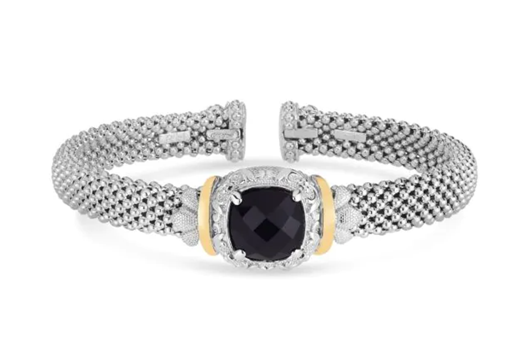 Sterling Silver And 18K Yellow Gold 8MM Cushion Onyx Popcorn Bangle Bracelet