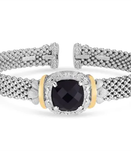 Sterling Silver And 18K Yellow Gold 8MM Cushion Onyx Popcorn Bangle Bracelet