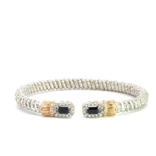 Vahan 14K Gold And Sterling Silver Diamond With Black Onyx 4mm Open Cuff Bracelet