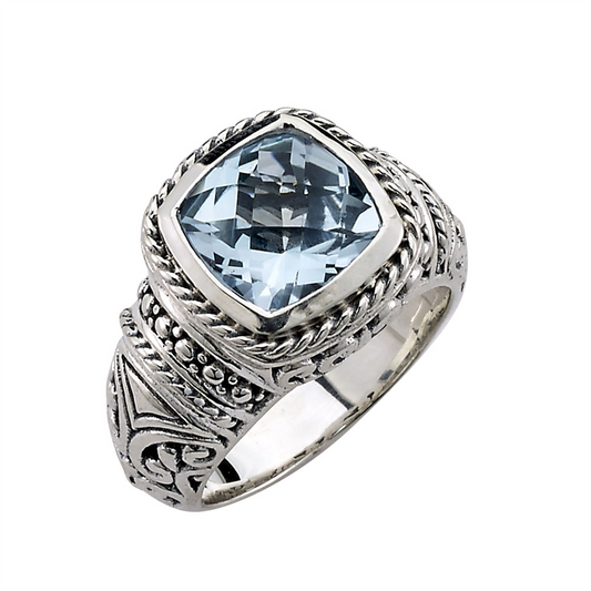 Samuel B Sterling Silver Honesty Cushion Cut Blue Topaz Ring