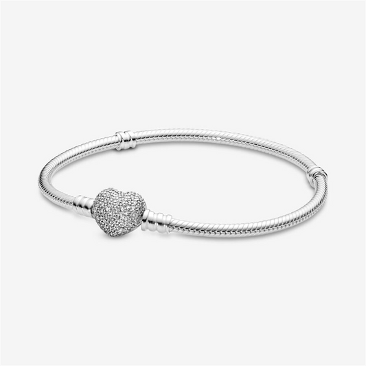 Pandora Moments Sparkling Pave' Heart Clasp Snake Chain Bracelet Size 17