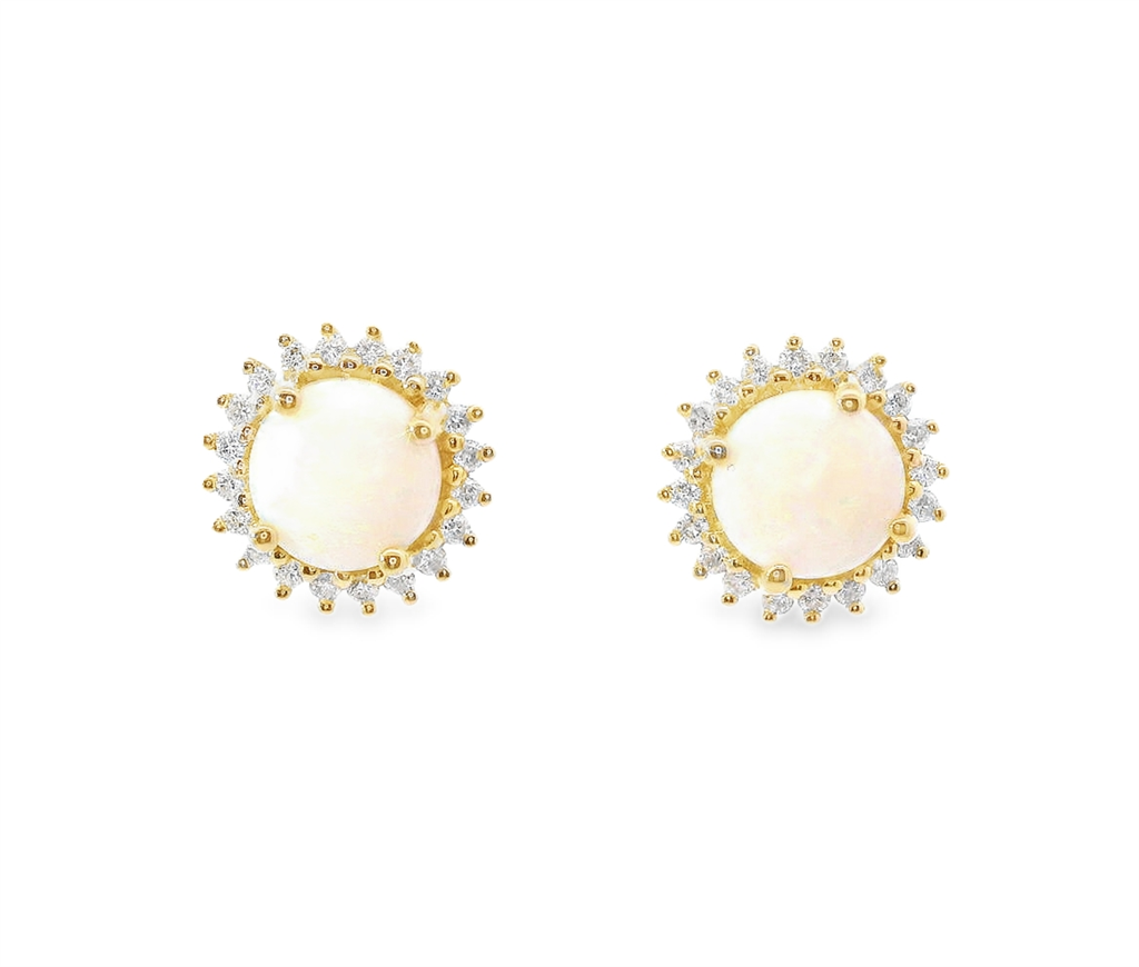 14K Yellow Gold, Diamond And Opal Round Stud Earrings