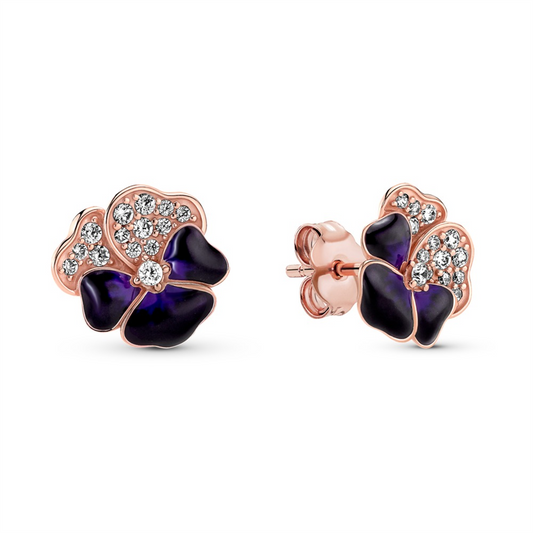 Pandora Moments 14K Rg Plated Deep Purple Pansy Flower Stud Earrings