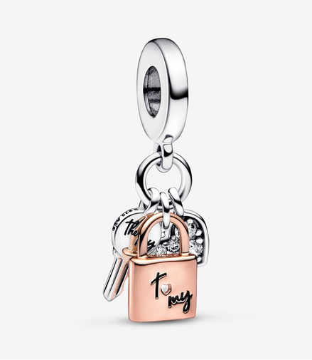 Pandora Moments Two-Tone Key, Padlock & Heart Triple Dangle Charm
