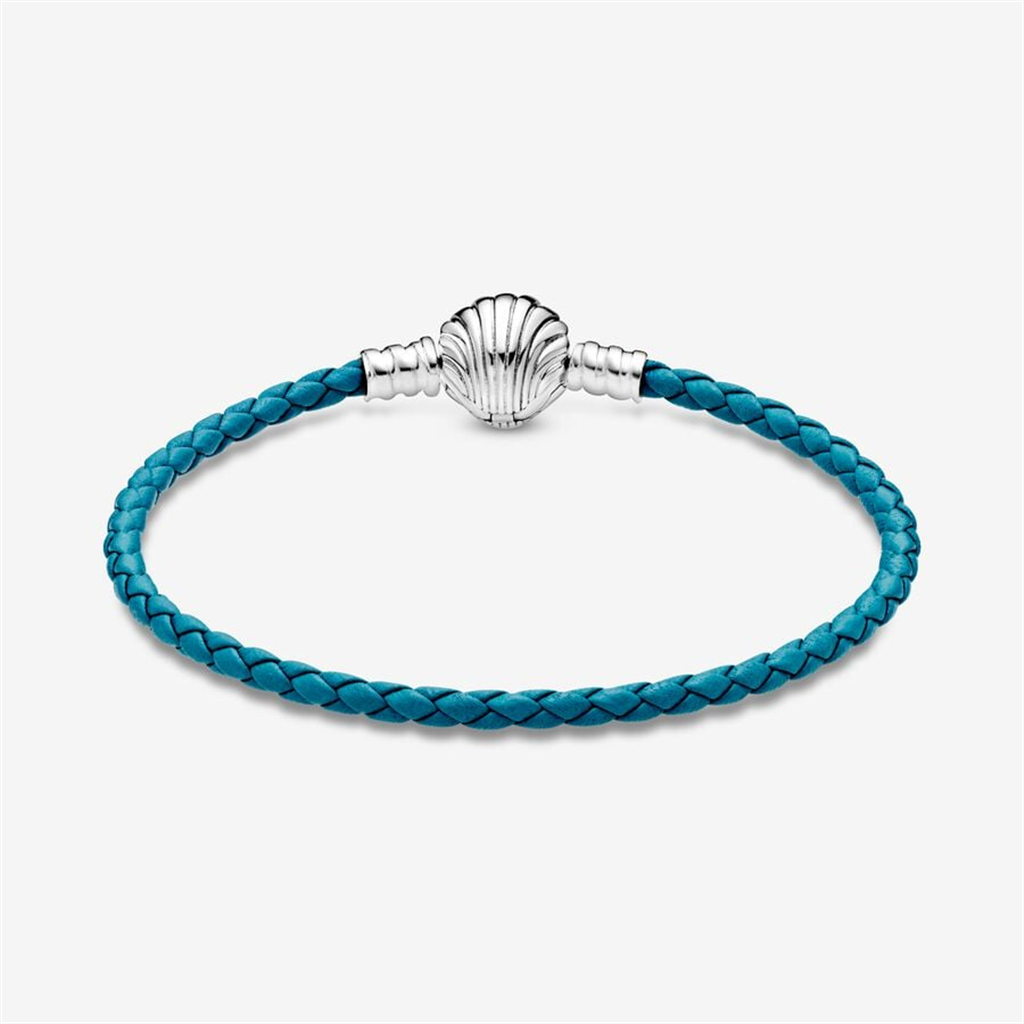 Pandora Moments Seashell Clasp Turquoise Braided Leather Bracelet Size 3