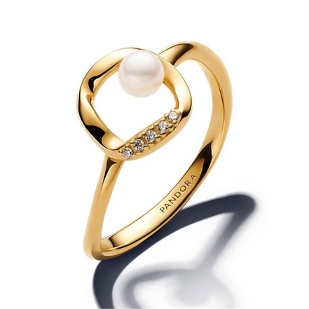 Pandora Essence Organically Shaped Pavé Circle & Cultured Pearl Gold-Plated Ring Size 6