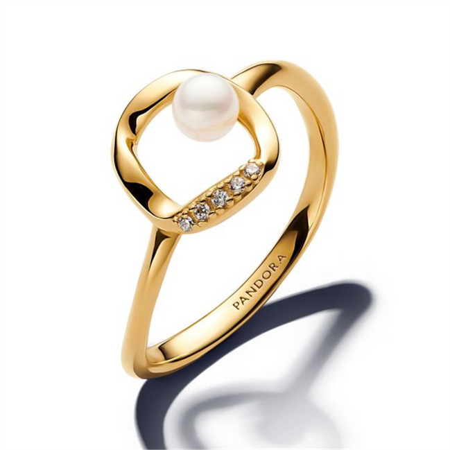 Pandora Essence Organically Shaped Pavé Circle & Cultured Pearl Gold-Plated Ring Size 6