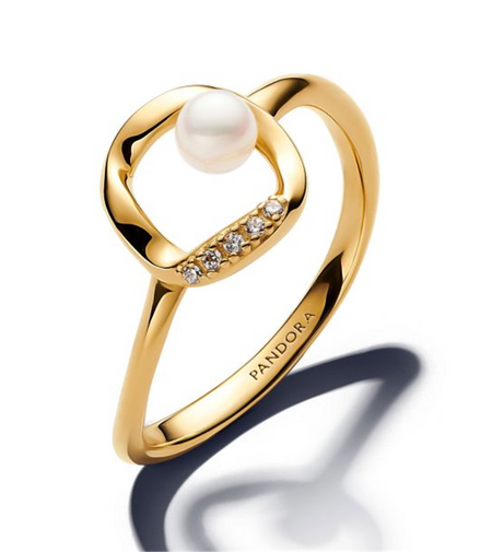 Pandora Essence Organically Shaped Pavé Circle & Cultured Pearl Gold-Plated Ring Size 6
