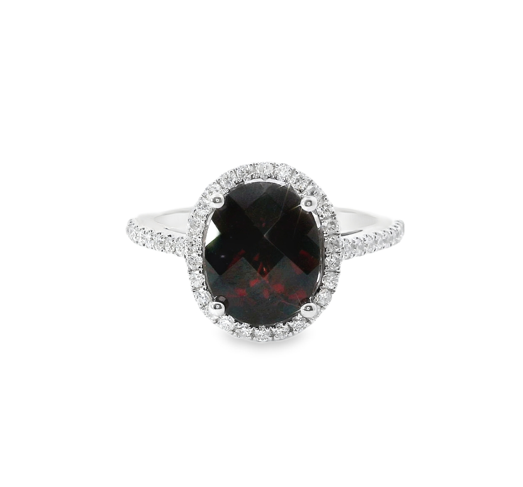 14K White Gold, Diamond And Garnet Oval Shaped Fashion Ring