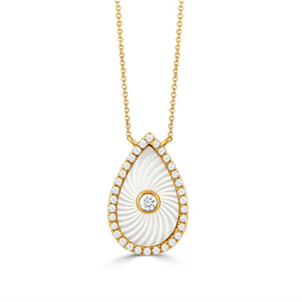 White Orchid Mother Of Pearl And Diamond Tear Drop Pendant Necklace