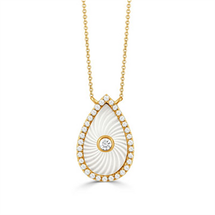 White Orchid Mother Of Pearl And Diamond Tear Drop Pendant Necklace