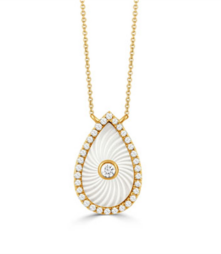 White Orchid Mother Of Pearl And Diamond Tear Drop Pendant Necklace