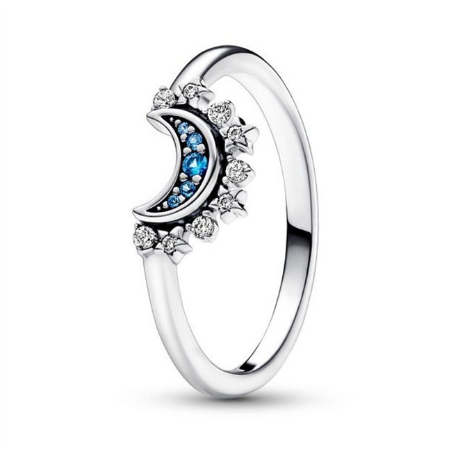 Pandora Celestial Blue Sparkling Moon Ring Size 60