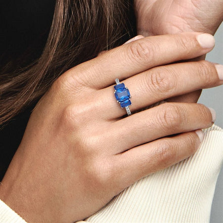 Pandora Timeless Blue Rectangular Three Stone Sparkling Ring Size 7.5