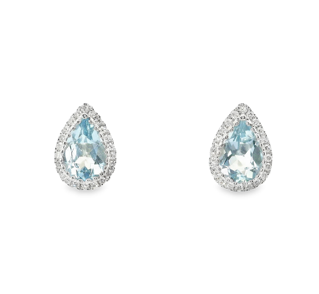 14K White Gold Diamond And Aquamarine Pear Shaped Halo Earrings