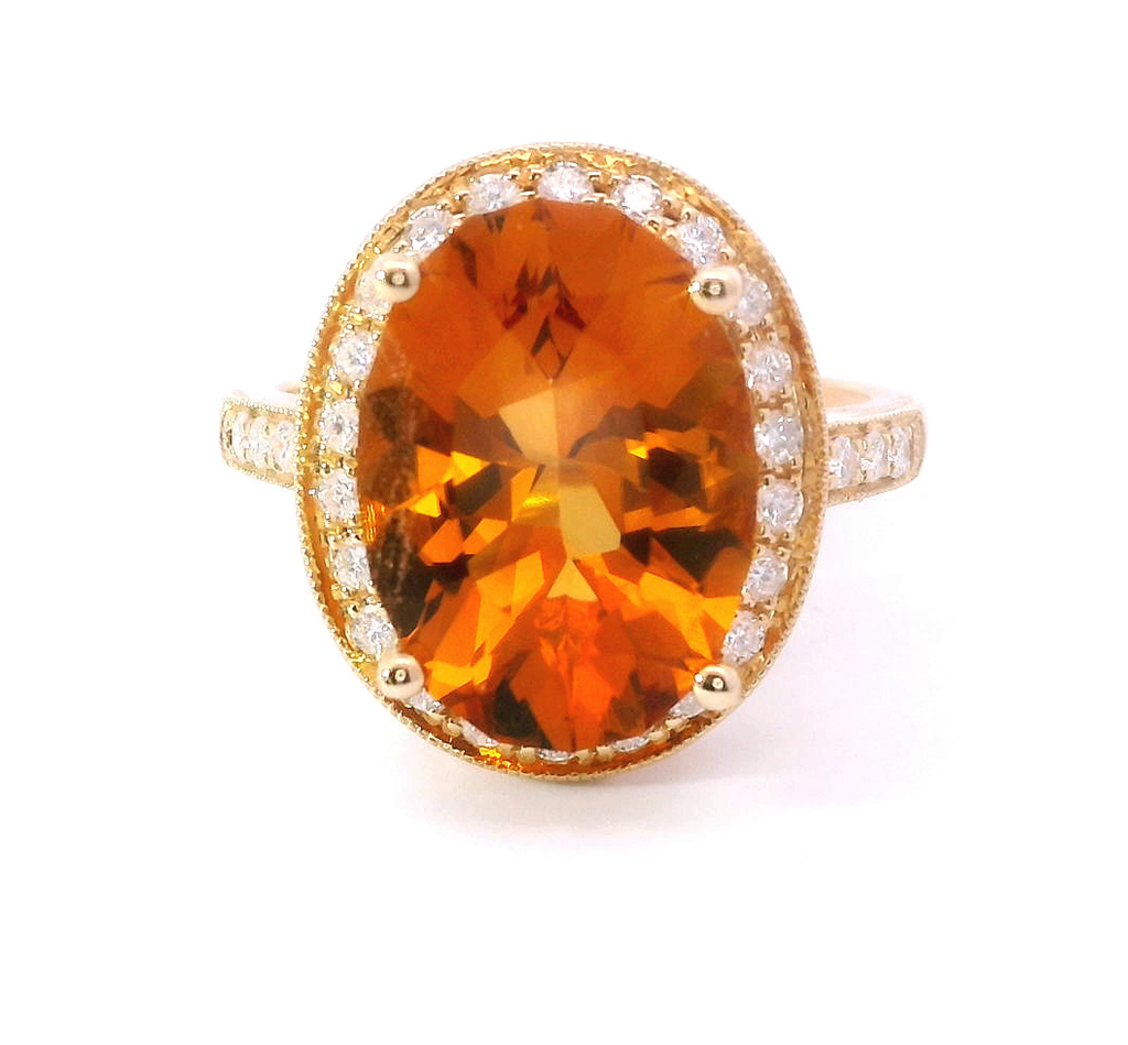 14K Yellow Gold Diamond And Oval Shaped Oval Citrine Fashion Ring