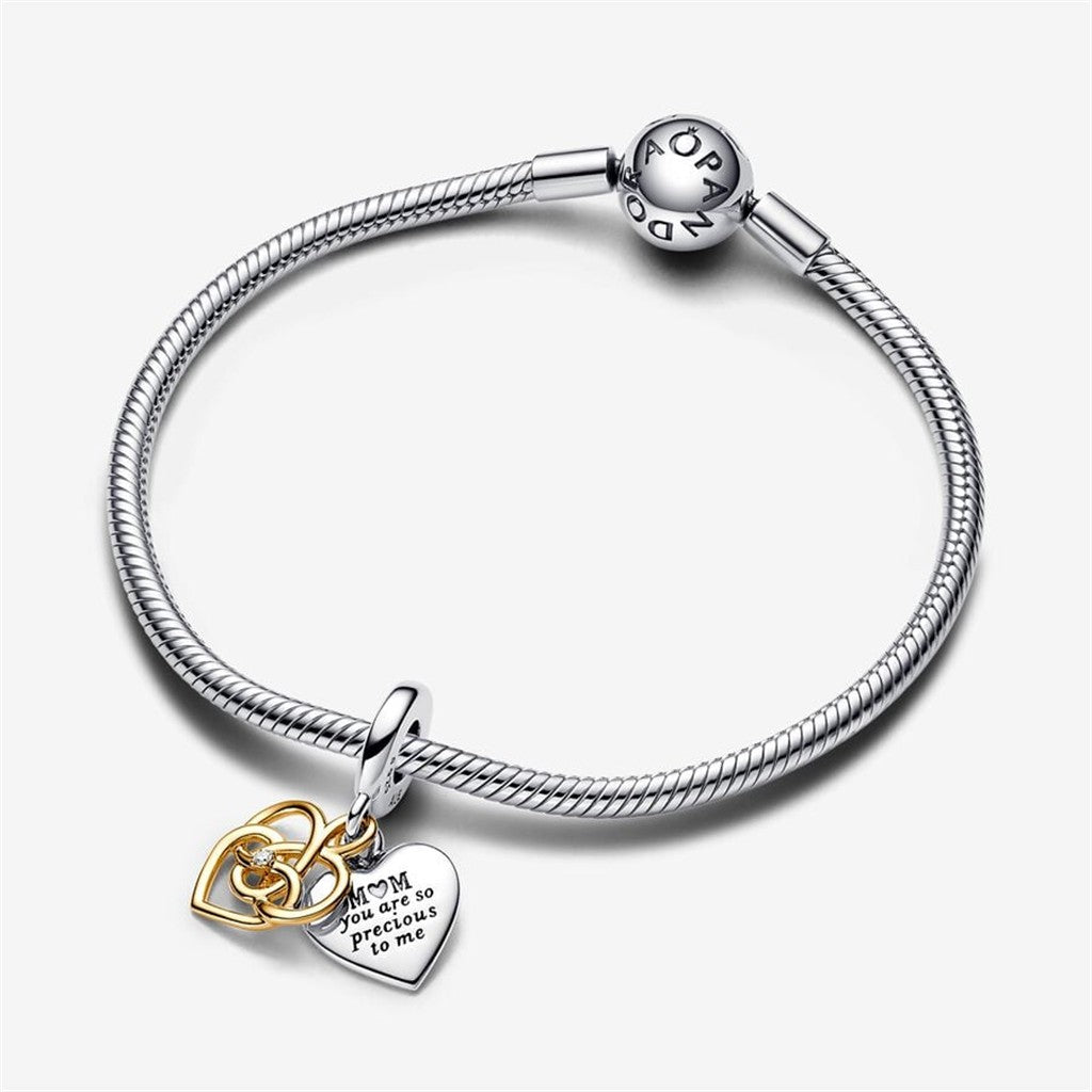 Pandora Moments Two-Tone Lab-Grown Diamond Engravable Mom Double Dangle Charm