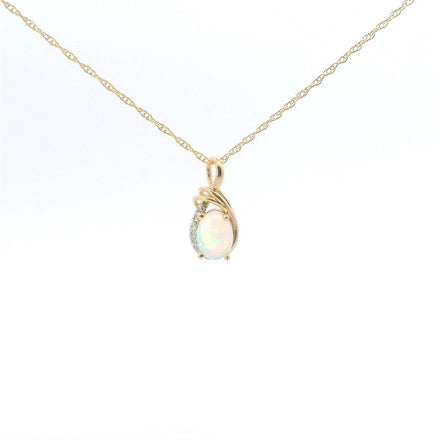 14K Yellow Gold Diamond And Ethiopian Opal Oval Pendant Necklace