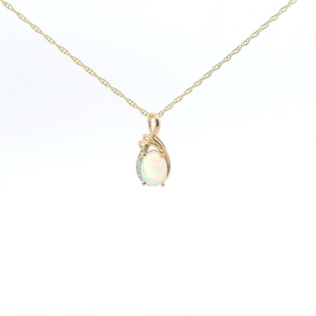14K Yellow Gold Diamond And Ethiopian Opal Oval Pendant Necklace