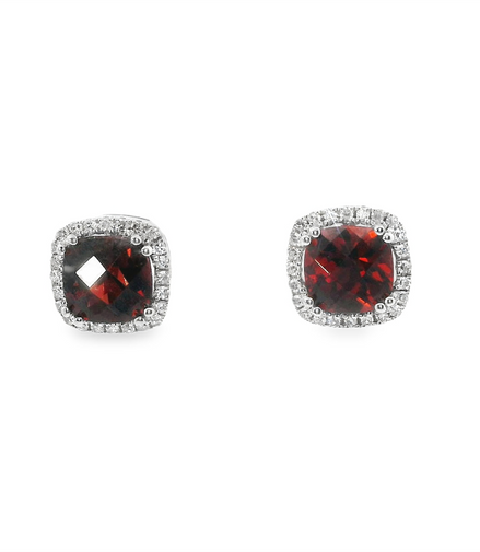 14K Gold Diamond And Garnet Halo Earrings
