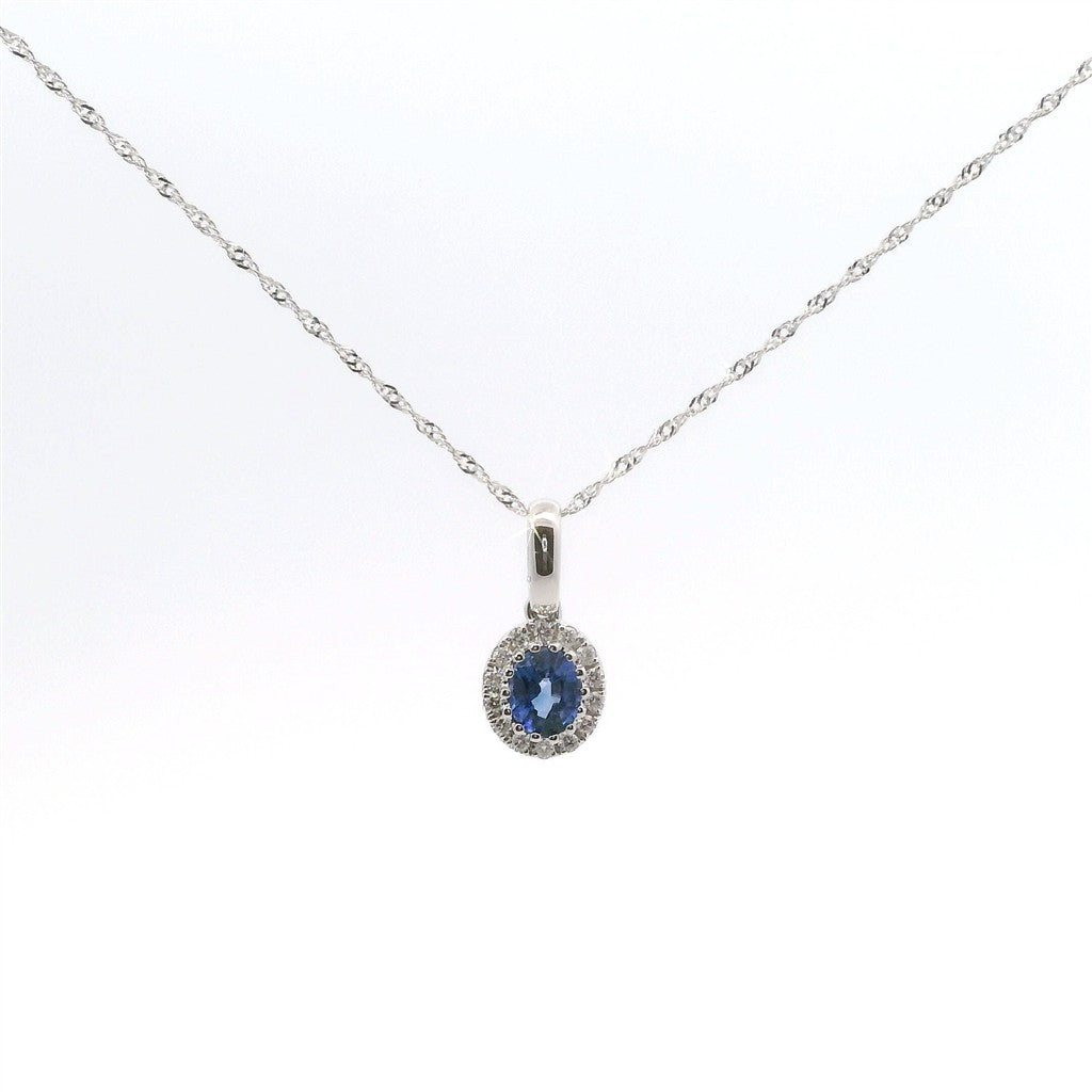 14K White Gold Diamond & Sapphire Oval Shaped Pendant Necklace 18"