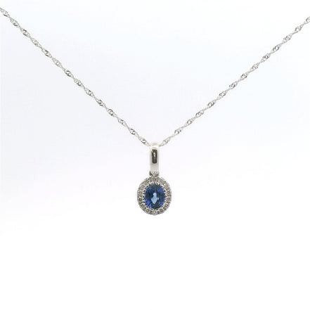 14K White Gold Diamond & Sapphire Oval Shaped Pendant Necklace 18"