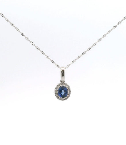 14K White Gold Diamond & Sapphire Oval Shaped Pendant Necklace 18"