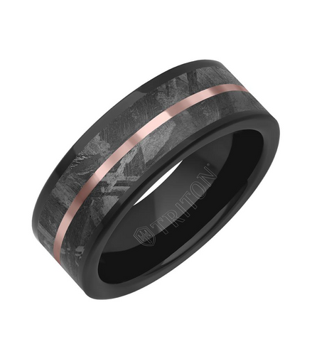 Triton Tungsten Carbide and Meteorite Inlay with Center Line and Flat Edge Band
