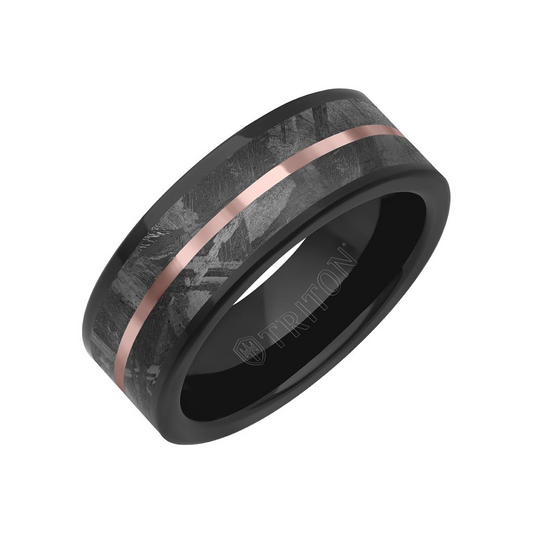 Triton 8mm Tungsten Carbide and Meteorite Inlay with Center Line and Flat Edge