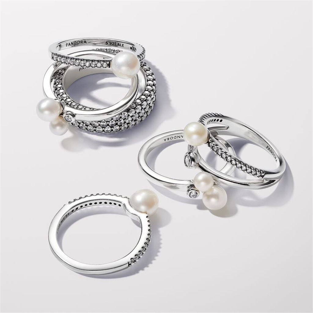 Pandora TImeless Treated Freshwater Cultured Pearl & Pavé Ring Size 7.5
