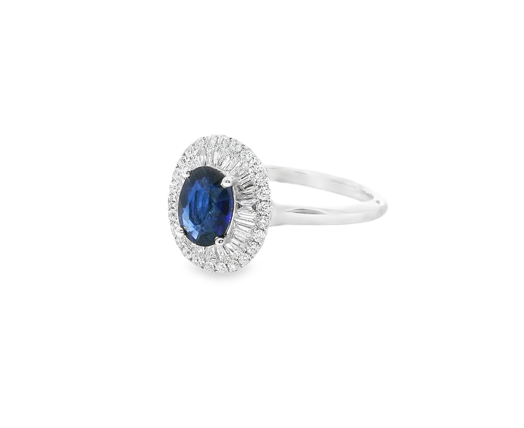 14K White Gold, Diamond And Sapphire Oval Shaped Fashion Ring