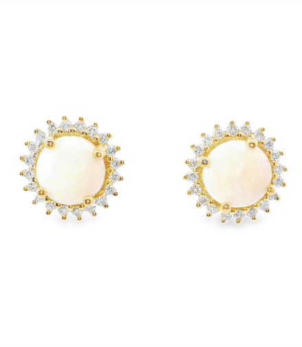 14K Yellow Gold, Diamond And Opal Round Stud Earrings