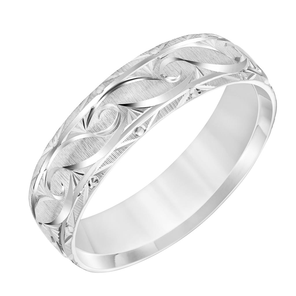 Fredrick Goldman 6mm 14K White Gold Low Dome Broken Edge Carved Wedding Band