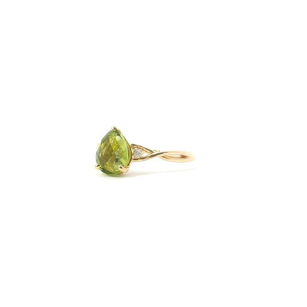 14K Yellow Gold Diamond And Peridot Pear Floating Crystal Fashion Ring
