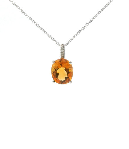 14K White Gold Diamond And Citrine Oval Pendant Necklace