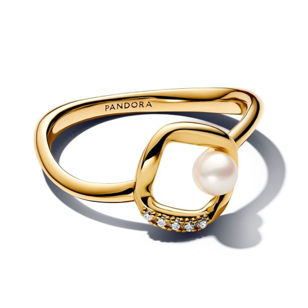 Pandora Essence Organically Shaped Pavé Circle & Cultured Pearl Gold-Plated Ring Size 6