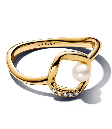 Pandora Essence Organically Shaped Pavé Circle & Cultured Pearl Gold-Plated Ring Size 6