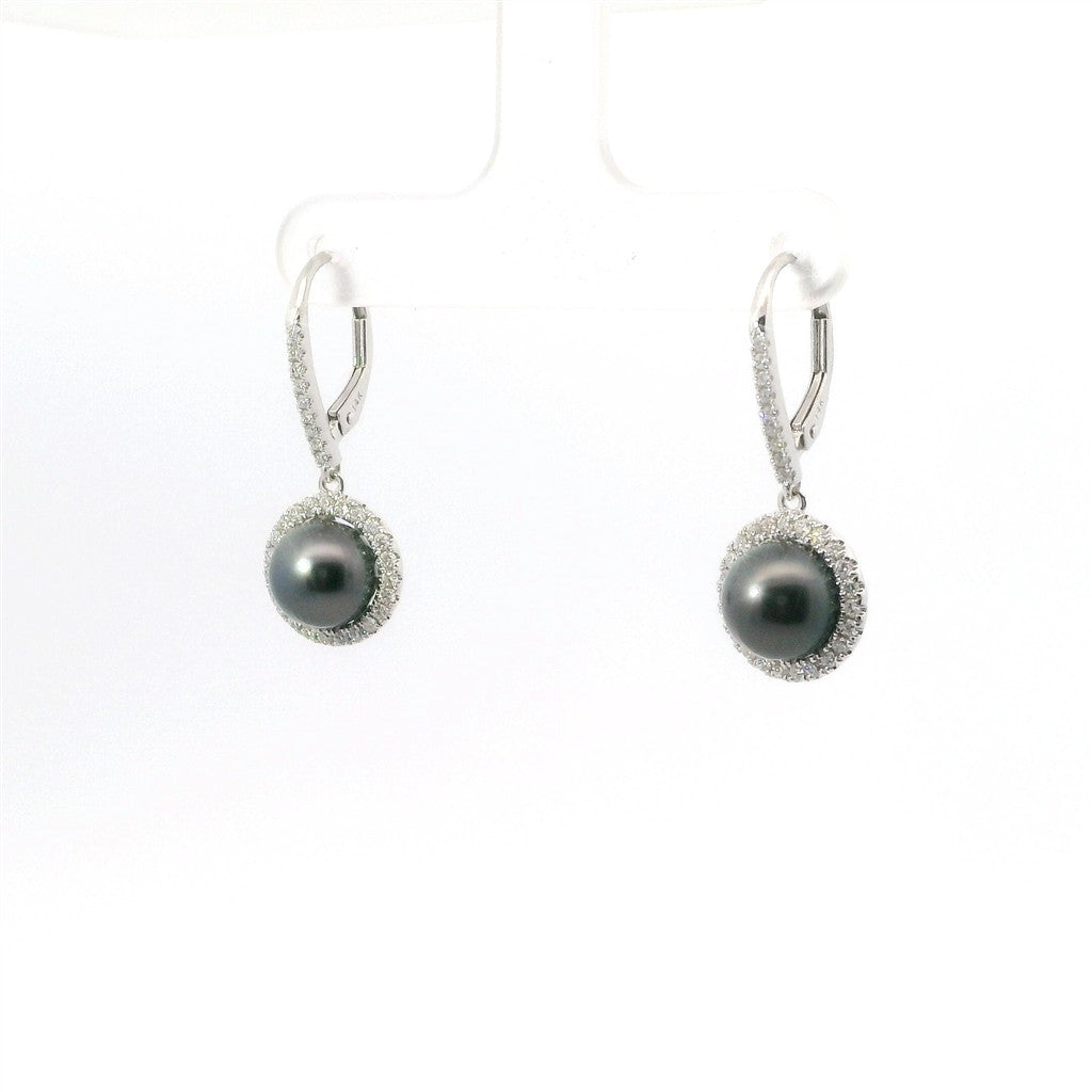 14K White Gold Diamond & 8MM Round Tahitian Pearl Drop Hoop Earrings