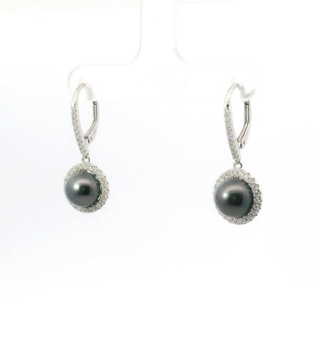 14K White Gold Diamond & 8MM Round Tahitian Pearl Drop Hoop Earrings